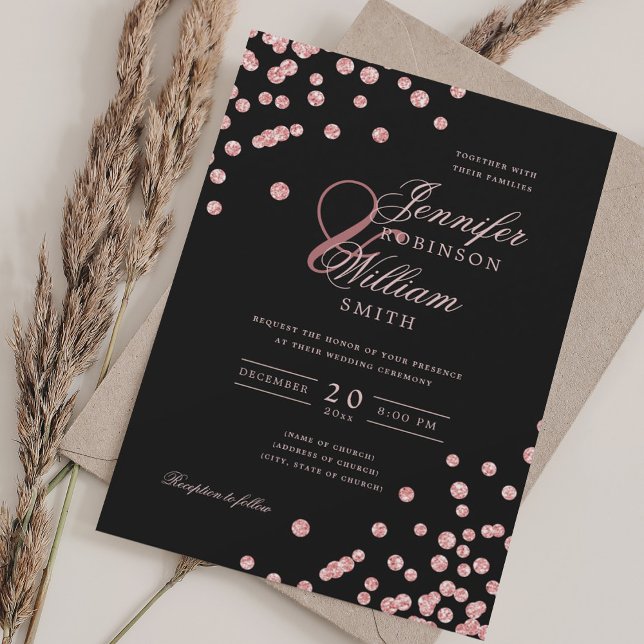 Elegant Script Ro Guld Confetti QR Bröllop Black Inbjudningar (Elegant Script Rose Gold Confetti QR Wedding Black Invitation)