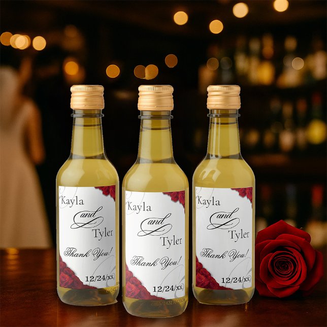 Elegant Script Röd ros Bröllop Vinetikett (Elegant Script Red Roses Wedding Wine Labels)