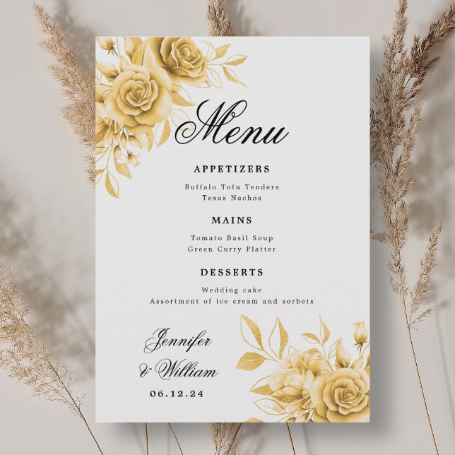 Elegant Script Romantic Bröllop Guld Blommigt Meny (Elegant Script Romantic Wedding Gold Floral Menu)