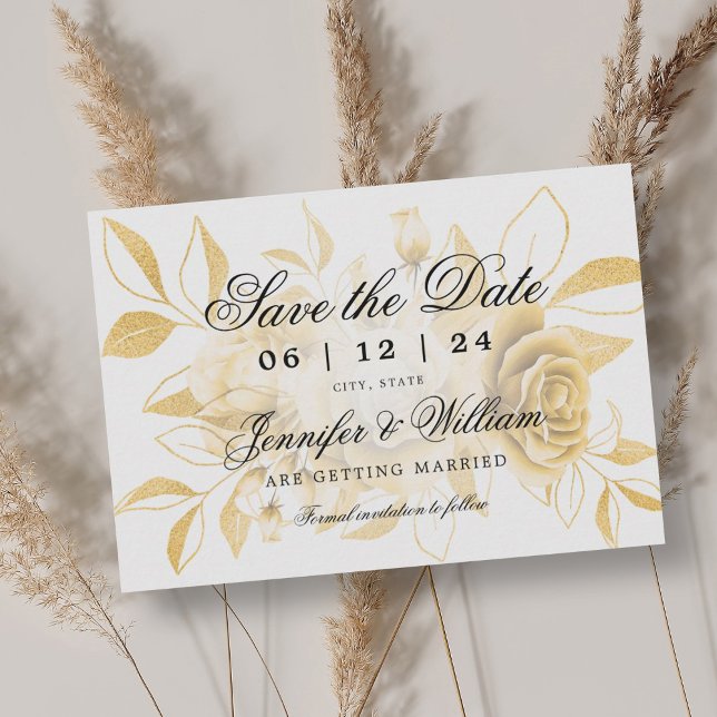 Elegant Script Romantic Bröllop Guld Blommigt Spara Datumet (Elegant Script Romantic Wedding Gold Floral Save The Date)