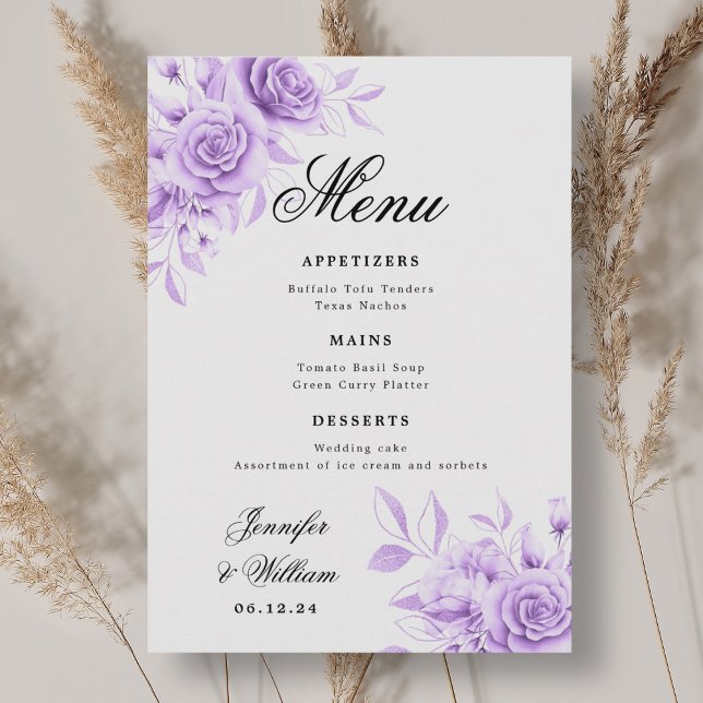 Elegant Script Romantic Bröllop Lila Blommigt Meny (Elegant Script Romantic Wedding Purple Floral Menu)