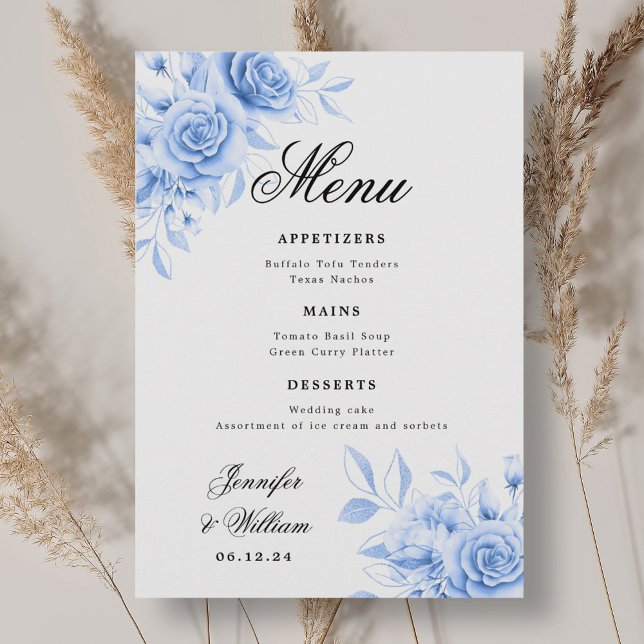 Elegant Script Romantic Bröllop Navy Blommigt Meny (Elegant Script Romantic Wedding Navy Floral Menu)