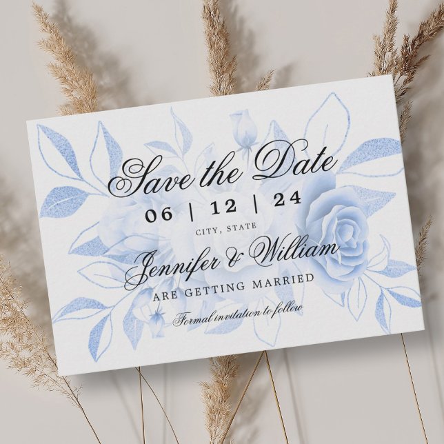 Elegant Script Romantic Bröllop Navy Blommigt Spara Datumet (Elegant Script Romantic Wedding Navy Floral Save The Date)