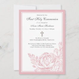 Elegant Script Rosa Blommigt First Heliga Communio Inbjudningar