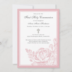 Elegant Script Rosa Blommigt First Heliga Communio Inbjudningar