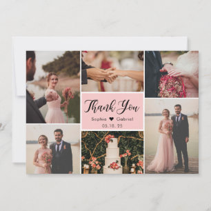 Elegant Script Rosa Bröllop Multi Photo Collage T Tack Kort