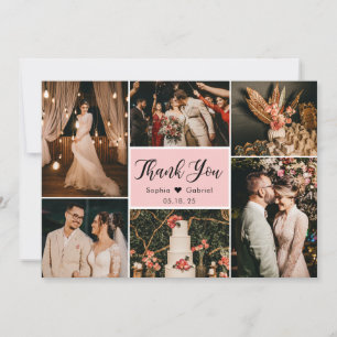 Elegant Script Rosa Bröllop Multi Photo Collage Tack Kort