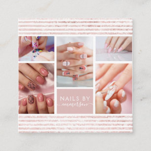 Elegant Script Rosa Glitter Photo Collage Nail Art Fyrkantigt Visitkort