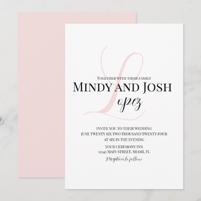 Elegant Script Rosa Initial Bröllop Inbjudningar (Fram/baksida)