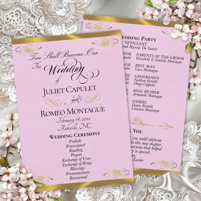 Elegant Script - Rosa Pärl/Guld Bröllop Program (Skapare uppladdad)