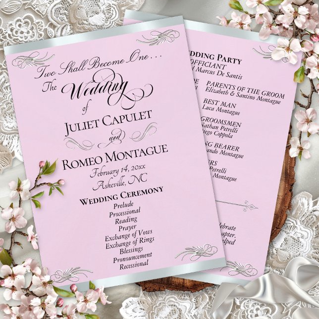 Elegant Script - Rosa Pärl/Silver Bröllop Program (Skapare uppladdad)