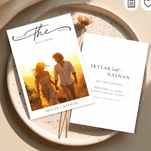 Elegant Script Rustic Boho Sunset Photo Bröllop Spara Datumet