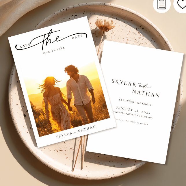 Elegant Script Rustic Boho Sunset Photo Bröllop Spara Datumet (Skapare uppladdad)