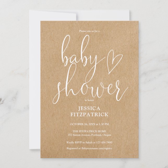Elegant Script Rustic Kraft Allt-i-ett Bebis Showe Inbjudningar (Framsida)