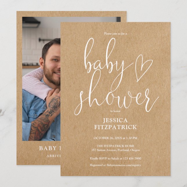Elegant Script Rustic Kraft Photo Baby Shower Inbjudningar (Fram/baksida)
