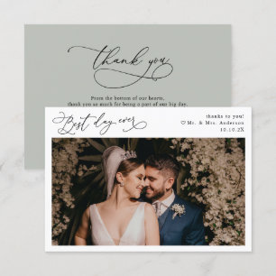 Elegant Script Rustic Sage Grönt Bröllop Photo Tack Kort
