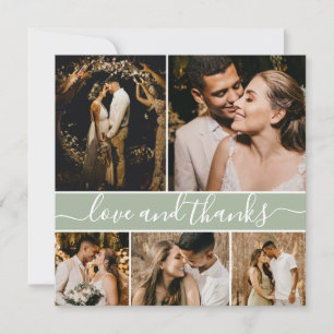 Elegant Script Sage Grönt 5 Photo Collage Bröllop Tack Kort