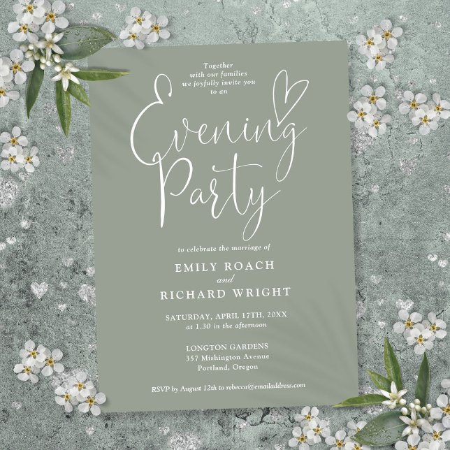 Elegant Script Sage Grönt Bröllop Evening Party Inbjudningar (Elegant Script Sage Green Wedding Evening Party Invitation)