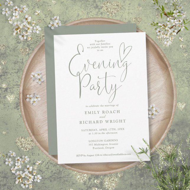 Elegant Script Sage Grönt Bröllop Evening Party Inbjudningar (Elegant Script Sage Green Wedding Evening Party Invitation)