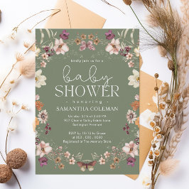 Elegant Script Sage Grönt Wildblomma Baby Shower Inbjudningar