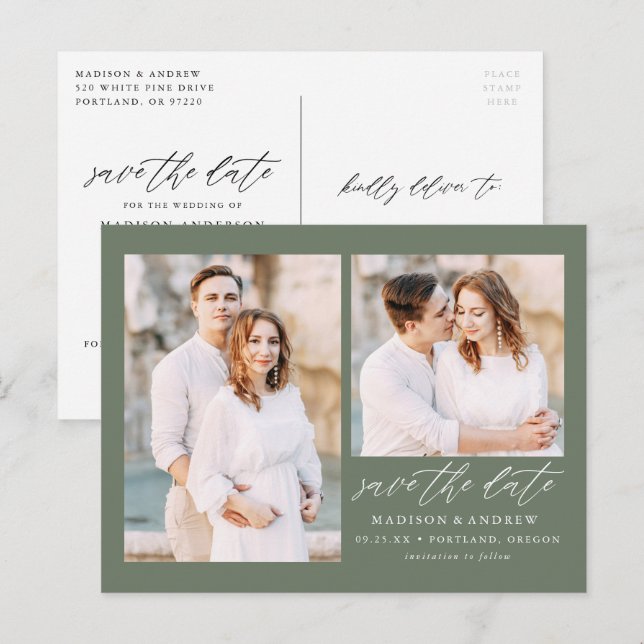 Elegant Script Sagegrön 2 Foto Save the Date Meddelande Vykort (Fram/baksida)