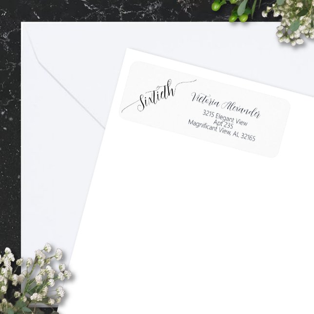 Elegant Script Sextioårsfirande Returadress Etikett (Elegant  Minimal Black Script Sixtieth Birthday Return Label)