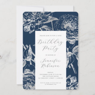 Elegant Script Silver Blommigt Födelsedagsfest Nav Inbjudningar