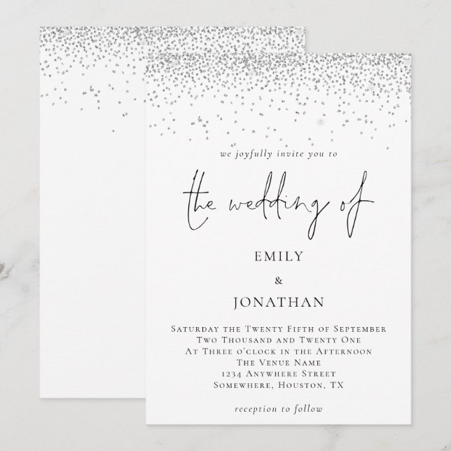 Elegant Script Silver Glitter Glam Bröllop Inbjudningar (Fram/baksida)