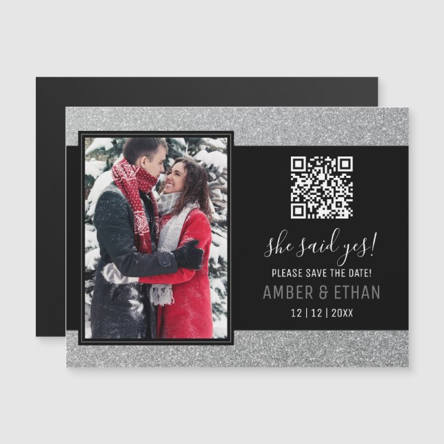 Elegant Script Silver Glitter Photo Save Date (Fram/baksida)