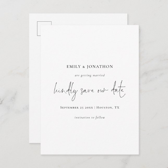 Elegant Script Simple Black White - spara datumet  Inbjudan Vykort (Fram/baksida)