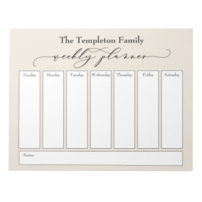 Elegant Script Simple Weekly Planner, Cream Anteckningsblock (Framsida)