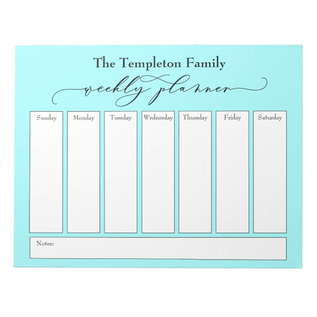 Elegant Script Simple Weekly Planner, Light Aqua Anteckningsblock (Framsida)