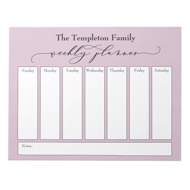 Elegant Script Simple Weekly Planner, Mauve Rosa Anteckningsblock (Framsida)
