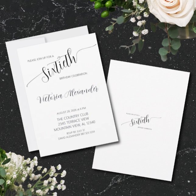 Elegant Script Sixtieth Birthday Celebration Inbjudningar (Elegant Minimal Black White Birthday Invitation)