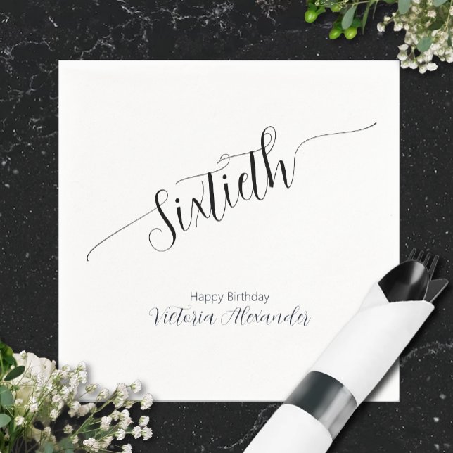 Elegant Script Sixtieth Birthday Celebration Pappersservett (Elegant Minimal Black White Typography Birthday  Celebration Napkin)