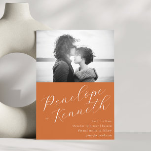 Elegant Script Snyggt Bröllop Photo Terracotta Spara Datumet