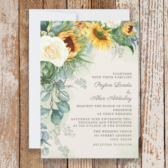 Elegant Script Solblommor Eucalyptus Bröllop Inbjudningar (Sunflowers and eucalyptus wedding invitation)
