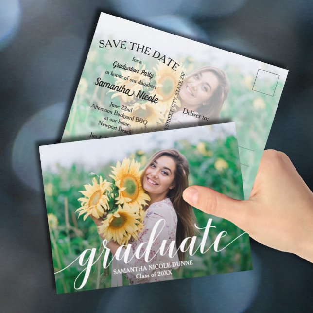Elegant Script Studenten Photo SPARA DATUM Vykort (Elegant script photo graduation SAVE THE DATE postcards)