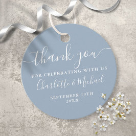 Elegant Script Tack Dusty Blue Bröllop Gåvor Etiketter