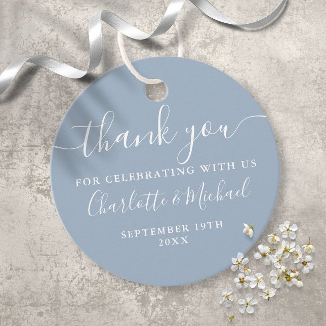 Elegant Script Tack Dusty Blue Bröllop Gåvor Etiketter (Skapare uppladdad)