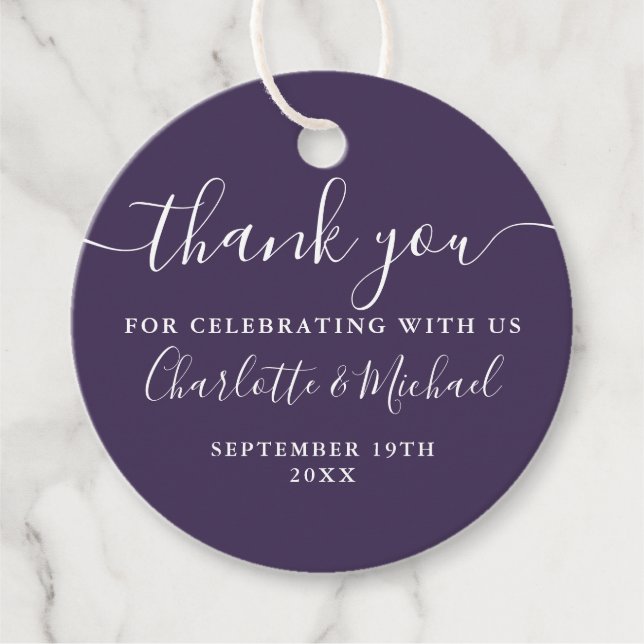 Elegant Script Tack Lila Bröllop Gåvor Etiketter (Framsida)