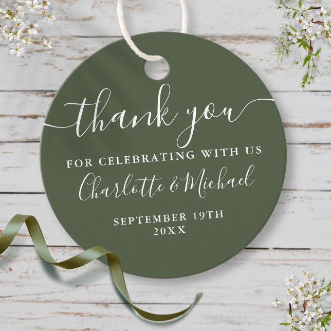 Elegant Script Tack Oliv grönt Bröllop Gåvor Etiketter (Elegant Script Thank You Olive Green Wedding Favor Tag)