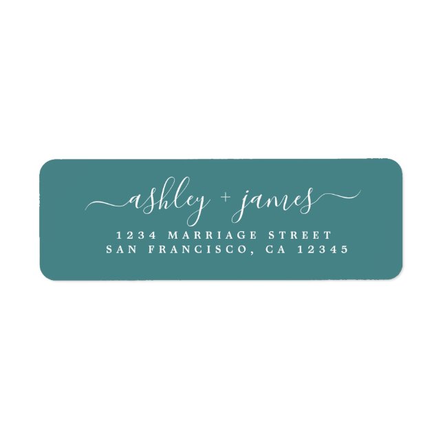 Elegant Script Teal Bröllop Returadress Etikett (Framsidan)