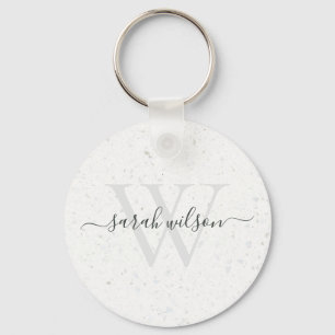Elegant Script Terrazzo Stone Ivory Grått Monogra Nyckelring