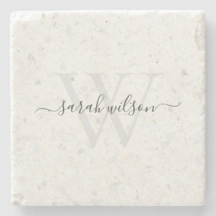 Elegant Script Terrazzo Stone Ivory Grått Monogra Stenunderlägg