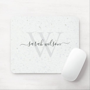 Elegant Script Terrazzo Stone Ivory Grått Monogram Musmatta