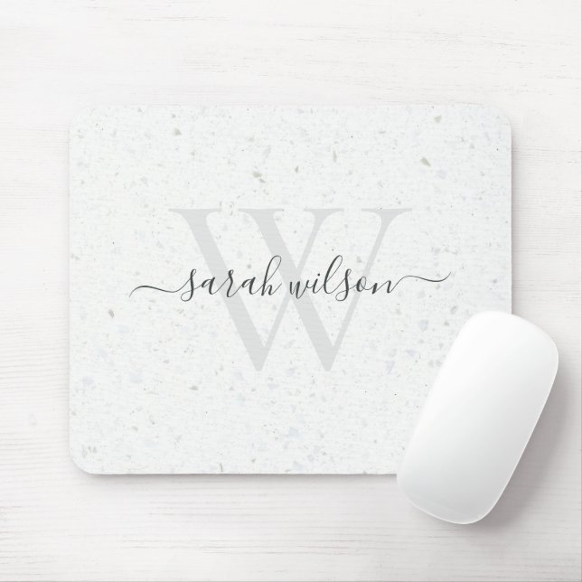 Elegant Script Terrazzo Stone Ivory Grått Monogram Musmatta (Med mus)