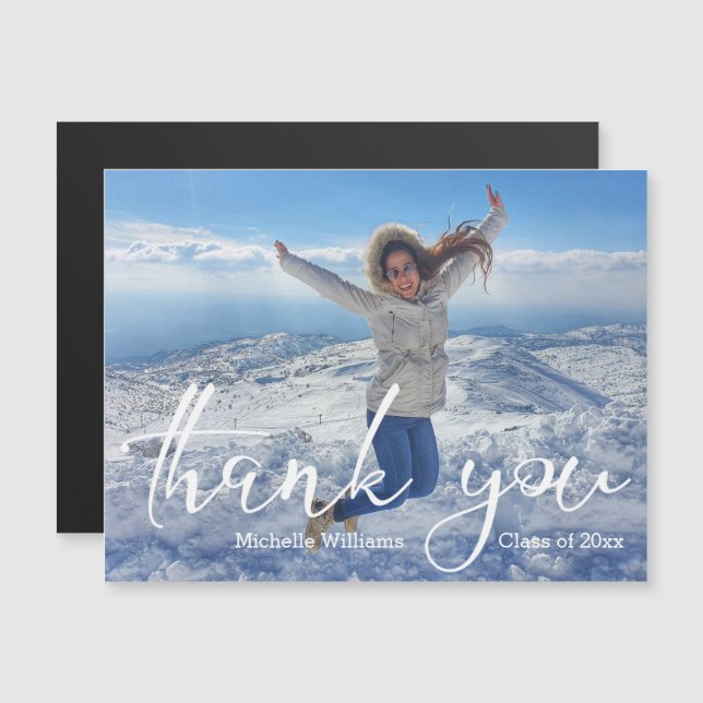 elegant script thank you graduation photo magnet (Fram/baksida)