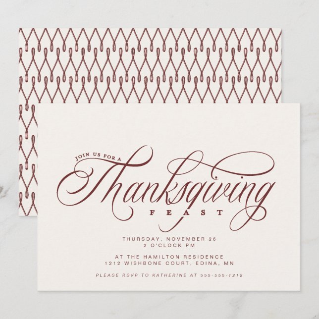 Elegant Script Thanksgiving Feast-middag Inbjudningar (Fram/baksida)