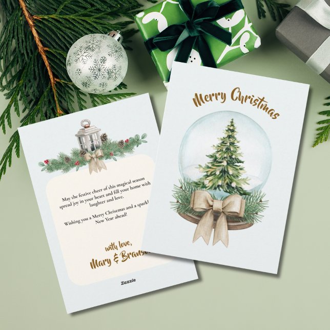 Elegant Script Träd Icke Foto Akvarell Jul Julkort (Snow Globe with Christmas Tree and Bows Christmas Card)